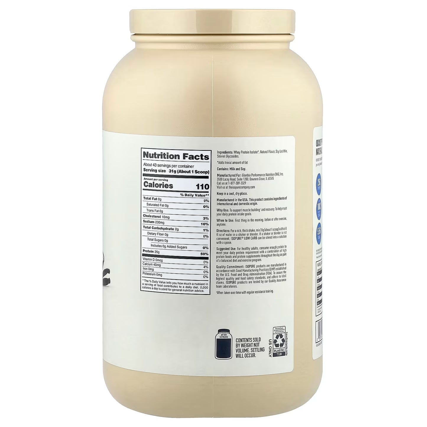 Isopure Proteína Baja en Carbohidratos-Vainilla Bean 3lb Aprox. 43 Servicios
