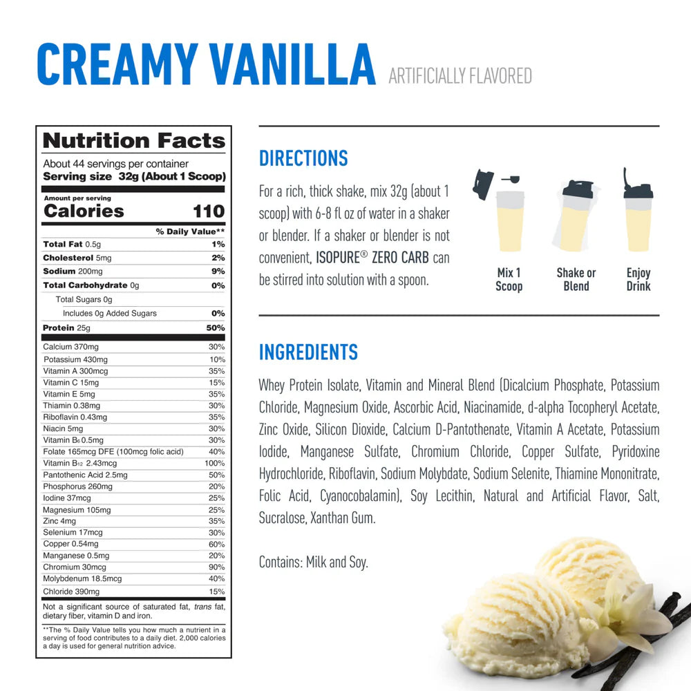 Isopure Proteina Zero Carb /Creamy Vanilla 3lb Aprox 43 serv.
