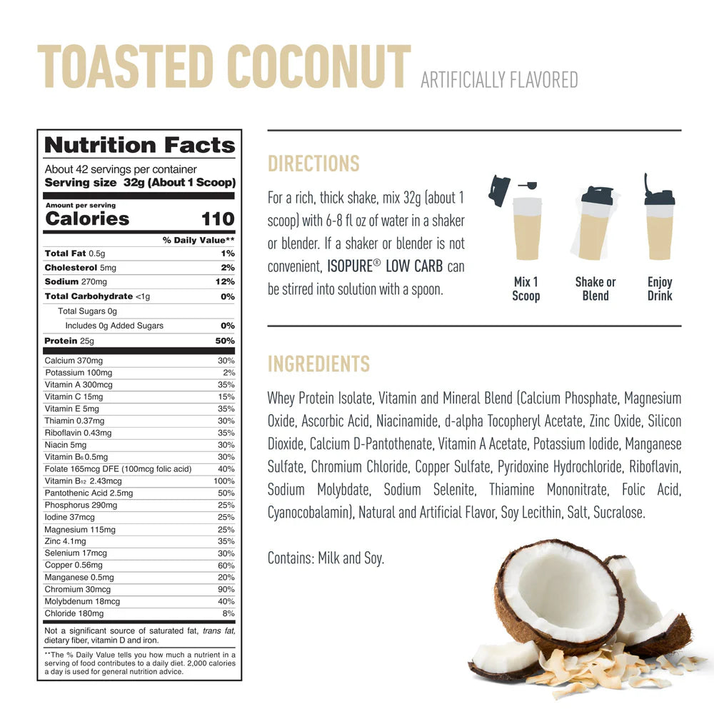 Isopure Proteína Baja en Carbohidratos-Toasted Coconut 3lb Aprox. 43 Servicios