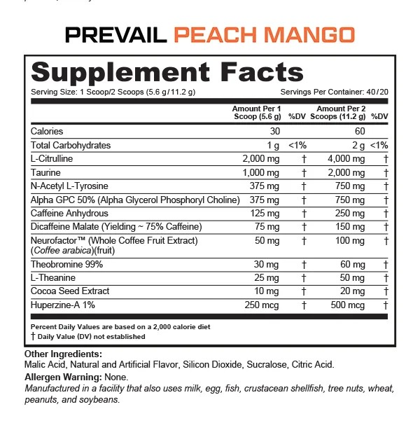JAY CUTLER PREVAIL PRE-WORKOUT 224 GR. 40 SERV. / PEACH MANGO